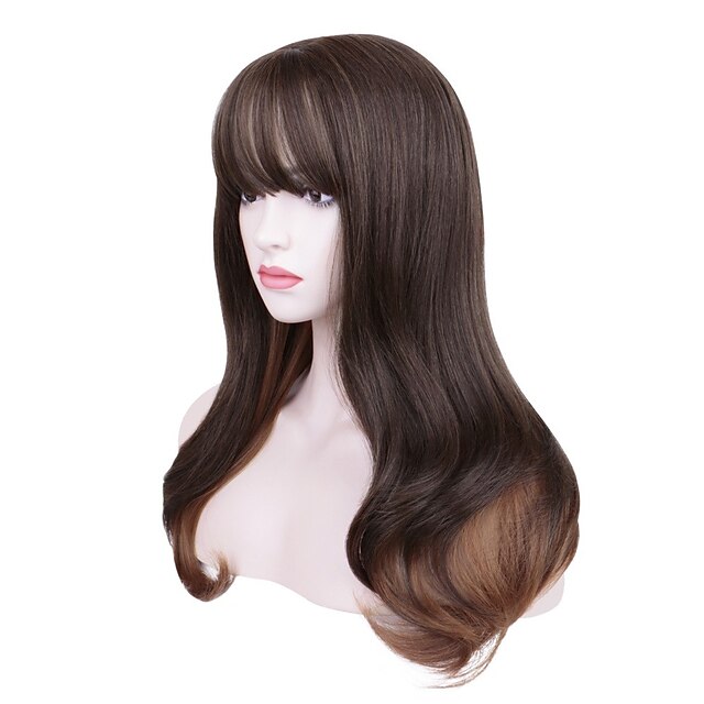 Beauty & Hair Wigs & Hair Pieces | Synthetic Wig Natural Straight Neat Bang Machine Made Wig 24 inch Dark Brown Synthetic Hair 2