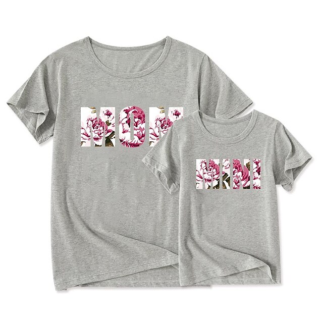 Baby & Kids Matching Outfits | Mommy and Me T shirt Tops Floral Letter Daily Print Black Gray Pink Short Sleeve Basic Matching O