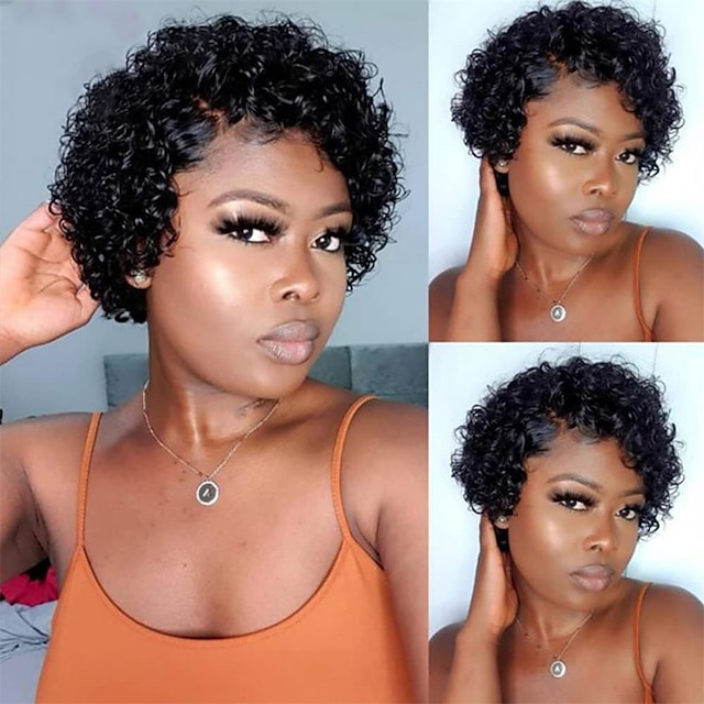  Pixie Cut Wig Short Curly Human Hair Wigs 4x4x1 T Part Lace Front Wig T Part Lace Closure Wave Wet and Wavy Wig Jerry Curly Wig with Natural Hairline for Black Women