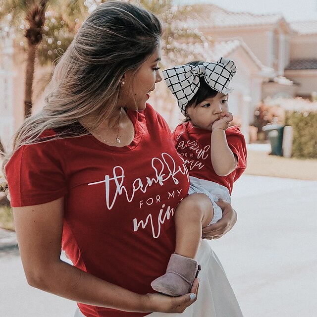 Baby & Kids Matching Outfits | Mommy and Me T shirt Tops Letter Causal Print Red Short Sleeve Casual Matching Outfits - QH45588