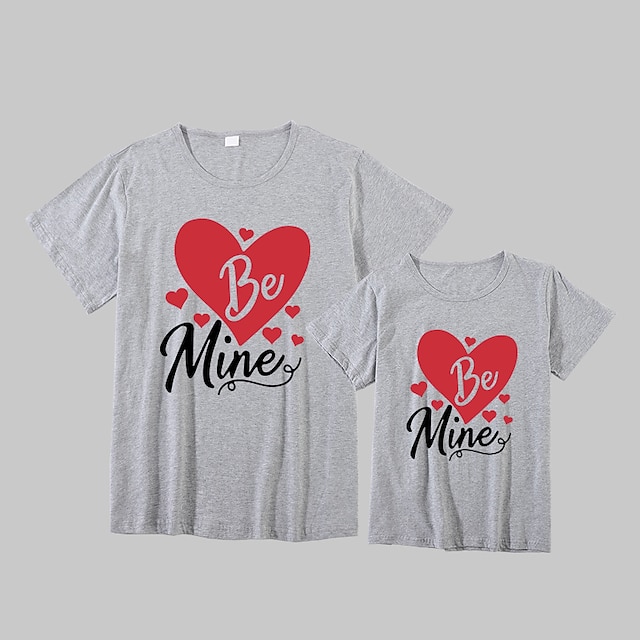 Baby & Kids Matching Outfits | Mommy and Me Valentines T shirt Tops Heart Letter Daily Print White Gray Pink Short Sleeve Basic 