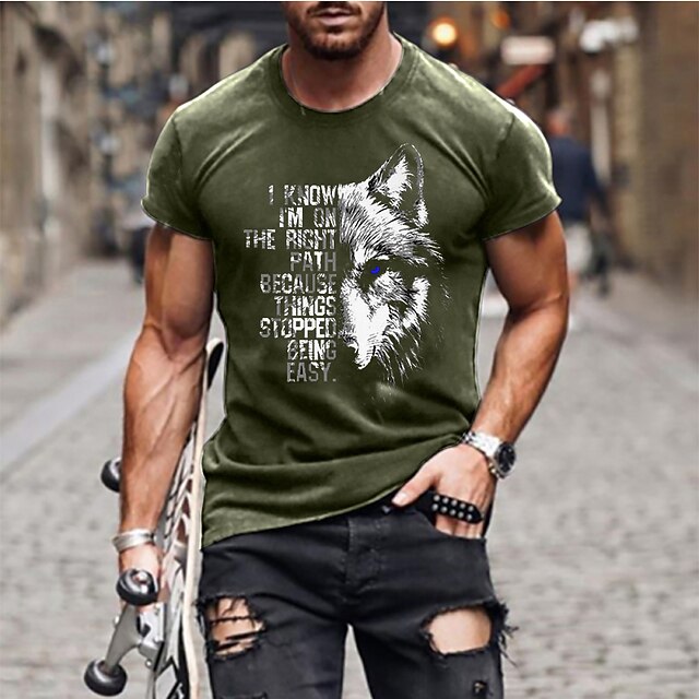  Per uomo Animale Lupo Lettera Maglietta Stile casual 100% Cotone Manica Corta Grafico Camicia Erica grigia Nero Verde militare Maglietta comoda Casuale Abbigliamento di stilista