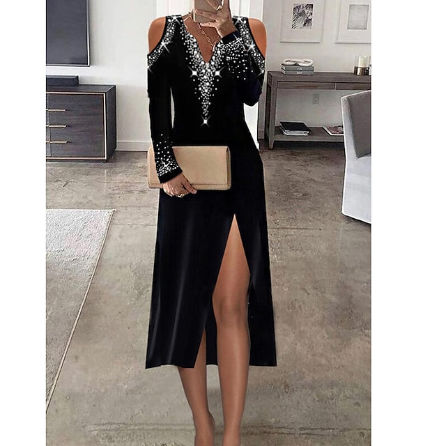 Womens Clothing Womens Dresses | Womens Sheath Dress Midi Dress Black Long Sleeve Pure Color Split Cold Shoulder Fall Spring V N