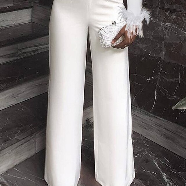 Women's Jumpsuit Feather Solid Color Deep V Elegant Party Evening Prom Wide  Leg Slim Long Sleeve White