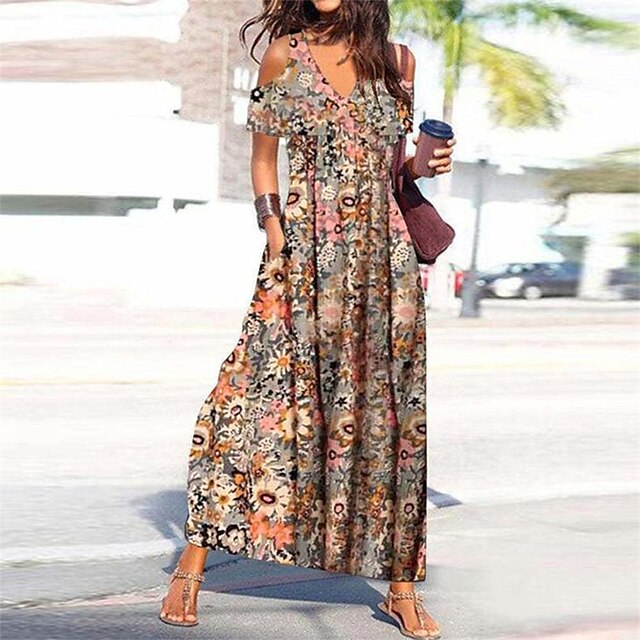 Womens Clothing Womens Dresses | Womens A Line Dress Maxi long Dress Yellow Short Sleeve Floral Pocket Cold Shoulder Print Sprin