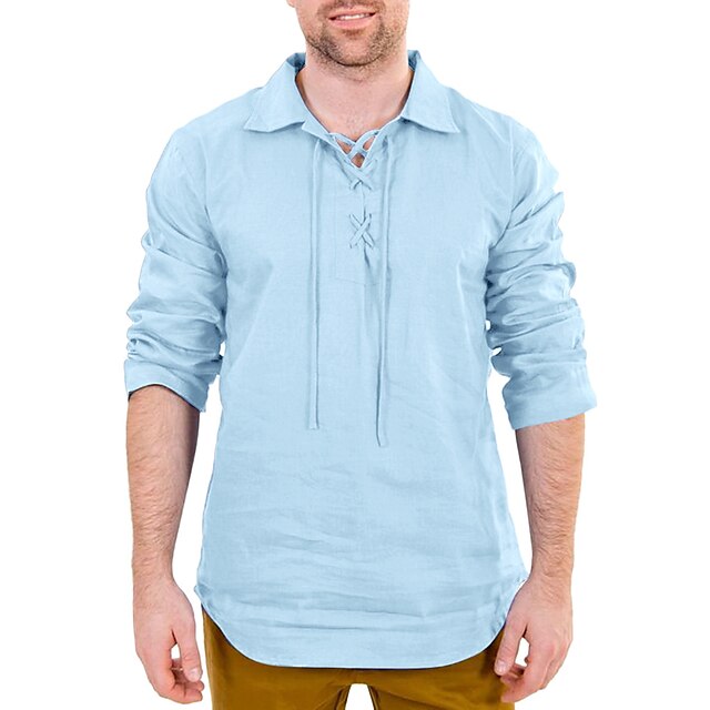 Mens Clothing Mens Shirts | Mens Shirt Solid Colored V Neck Party Casual Button-Down Long Sleeve Tops Cotton Casual Vintage Stre