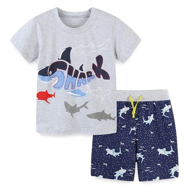 Baby & Kids Boys Clothing | Kids Boys T-shirt & Shorts Clothing Set 2 Pieces Short Sleeve Gray Polka Dot Shark Animal Print Stre