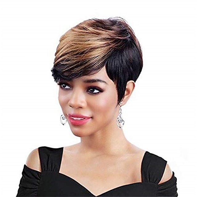 Beauty & Hair Wigs & Hair Pieces | Pixie Cut Wigs Women Short Pixie Cut Black Wig with Blonde Bangs Synthetic Synthetic Natural 