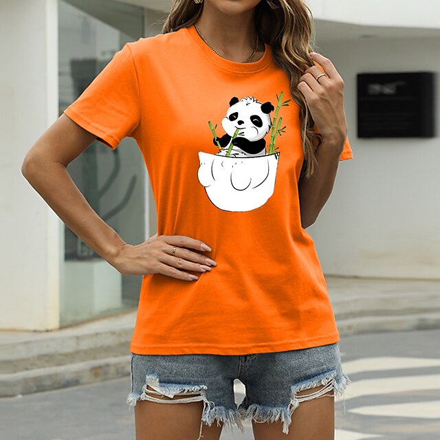  Women's Casual Going out T shirt Tee Graphic Panda Animal Short Sleeve Print Round Neck Basic Tops 100% Cotton Green Blue Gray S