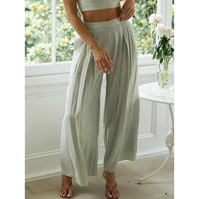 Womens Clothing Womens Bottoms | Womens Fashion Culottes Wide Leg Chinos Wide Leg Side Pockets Elastic Waist Full Length Pants C