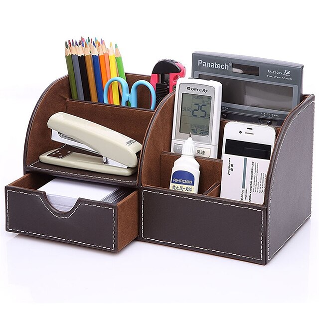 Consumer Electronics Stationery | Pen Holder Cup Multifunction Big Capacity With Drawer PU Leather for Office Men Home - KG12397