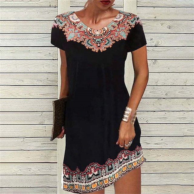 

Women's Shift Dress Knee Length Dress Black Orange Short Sleeve Floral Print Spring Summer V Neck Casual 2022 S M L XL XXL