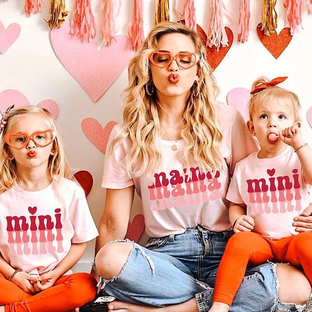 Baby & Kids Matching Outfits | Mommy and Me T shirt Tops Heart Letter Causal Print Pink Short Sleeve Daily Matching Outfits - KK