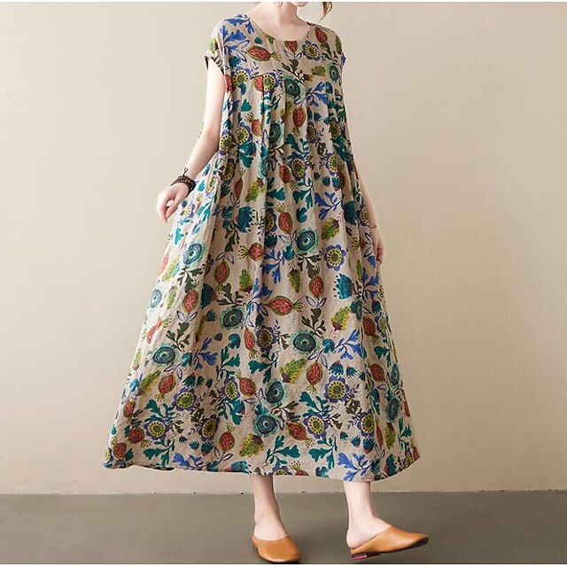 Womens Clothing Womens Dresses | Womens Casual Dress Maxi long Dress Green Blue Khaki Yellow Short Sleeve Floral Striped Print S