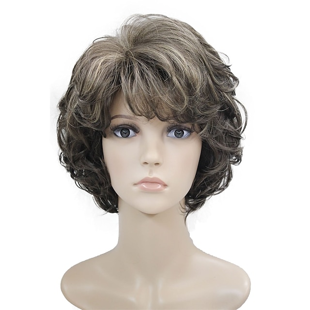  Short Grey Wigs for White Women Mixed Gray Silver Curly Wavy Wigs with White Bangs Grandma Synthetic Short Hair Wigs