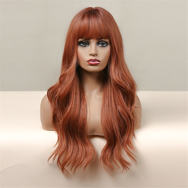 Beauty & Hair Wigs & Hair Pieces | HAIRCUBE Long Wavy Auburn/Ombre Brown/Ash Brown/Dark Brown/Dark Synthetic Wigs with Bangs Nat