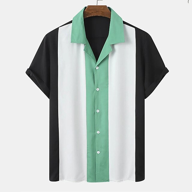 Mens Clothing Mens Shirts | Mens Shirt Color Block Turndown Street Casual Button-Down Short Sleeve Tops Casual Fashion Breathabl