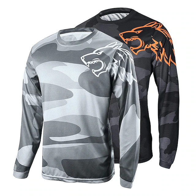 Men's Downhill Jersey Long Sleeve Mountain Bike MTB Road Bike Cycling Black Yellow Blue Wolf Camo / Camouflage Bike Jersey Breathable Quick Dry Polyester Spandex Sports Wolf Camo / Camouflage 14
