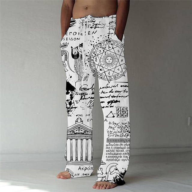  Men's Trousers Summer Pants Beach Pants Straight 3D Print Elastic Drawstring Design Front Pocket Letter Geometric Pattern Graphic Prints Comfort Soft Casual Daily For Vacation Fashion Designer White