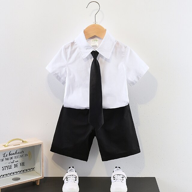 Baby & Kids Boys Clothing | Kids Boys Shirt & Shorts Clothing Set 3 Pieces Short Sleeve White Solid Color Ruched Party Formal Ac