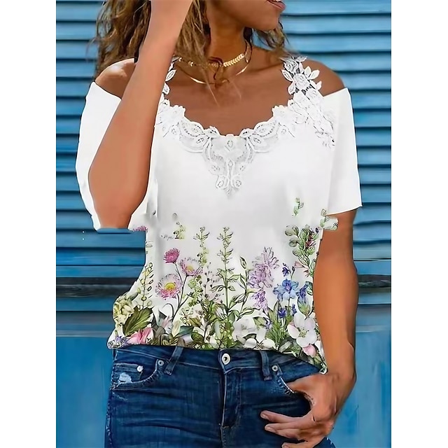  Women‘s T shirt Off Shoulder Print Flower / Floral Daily Off Shoulder T-shirt Sleeve Stard Summer White
