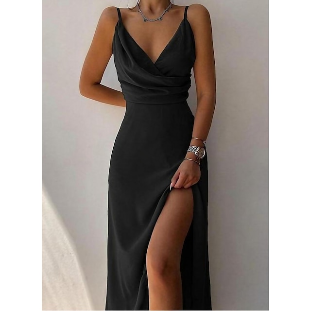  Women's Maxi long Dress A Line Dress Black Sleeveless Ruched Solid Color V Neck Spaghetti Strap Spring Summer Elegant Casual 2022 S M L XL XXL 3XL / Slim