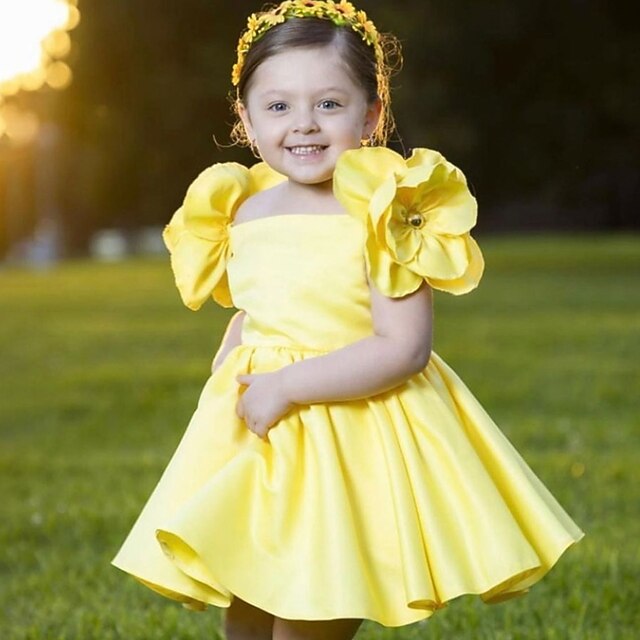 Kids Girls' Dress Floral Solid Colored Short Sleeve Birthday Ruched Cute Princess Polyester Above Knee A Line Dress Summer Spring 2-6 Years White Yellow Pink 11