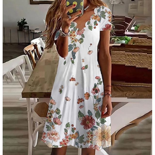  Women's Cotton Casual Dress Floral Ruched Print Scalloped Neck Midi Dress Daily Short Sleeve Summer Spring