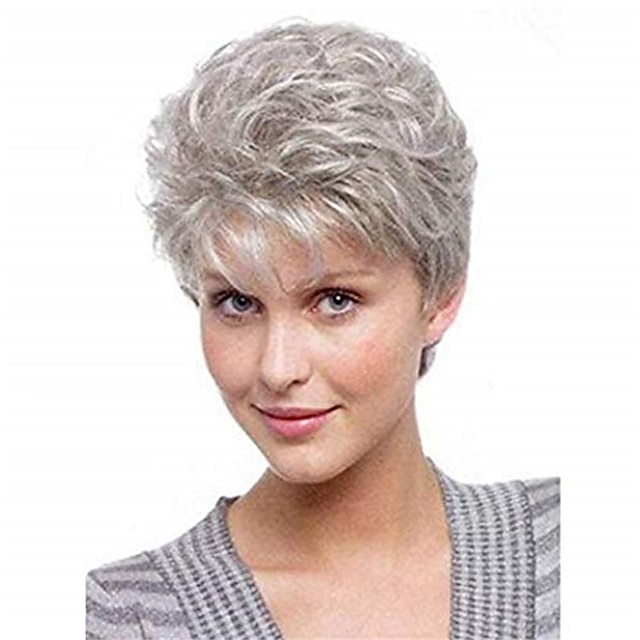  pelucas sintéticas grises naturales de pelo ondulado rizado corto y esponjoso con flequillo para mujeres con gorra de peluca de 13.3 pulgadas