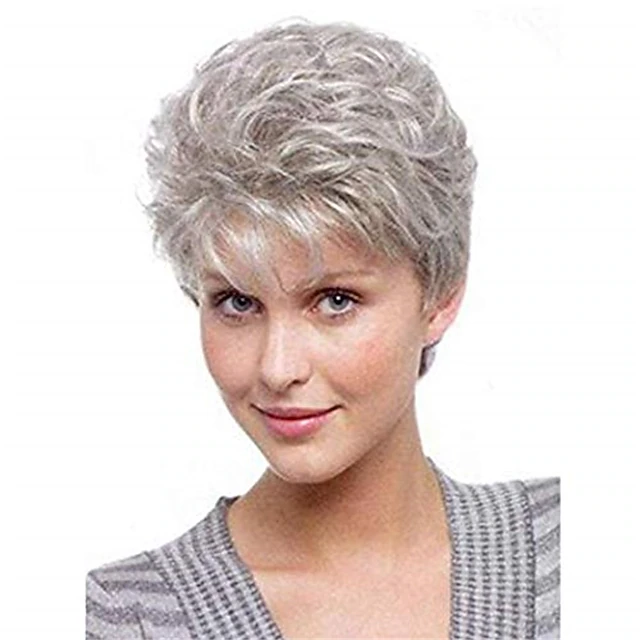 Short Fluffy Curly Wavy Hair Natural Grey Synthetic Wigs With Bangs for Women With Wig Cap 13.3 Inch4