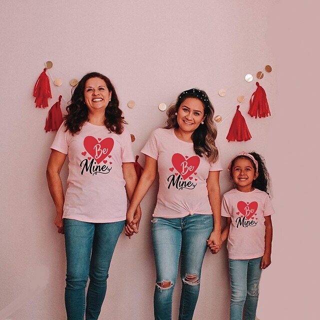 Baby & Kids Matching Outfits | Mommy and Me Valentines T shirt Tops Heart Letter Daily Print White Gray Pink Short Sleeve Basic 