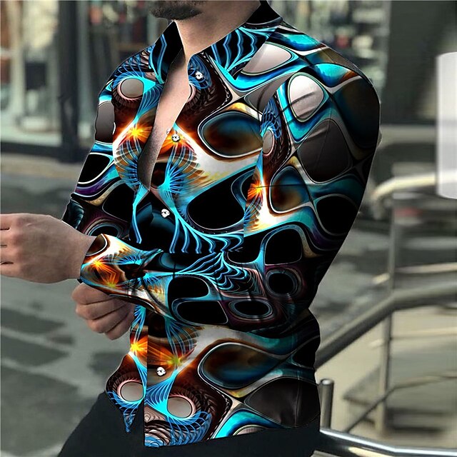 Multicolored Shirt Mens Graphic Optical Illusion Turndown Blue 3D Print ...