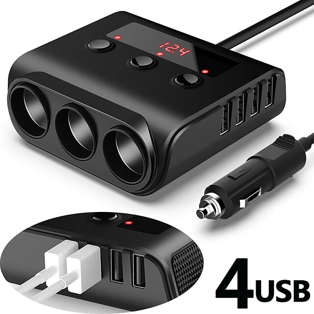  12/24V Universal TR12 Car Sockets Splitter Cigarette Lighter 4 Port USB Charger Power Adapter LED Display for Phone/iPad/DVR/GPS