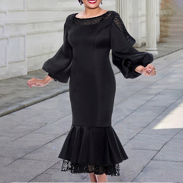 Womens Clothing Plus Size Collection | Womens Plus Size Black Dress Solid Color Round Neck Mesh Long Sleeve Spring Summer Vintag