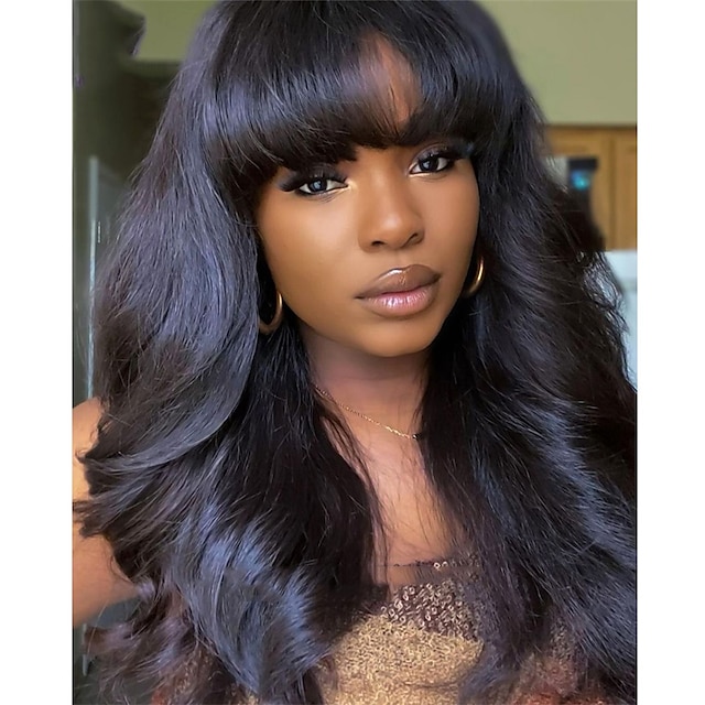 Remy Human Hair Wig Wavy With Bangs Natural Black Capless Brazilian Hair Women's Natural Black #1B 8 inch 10 inch 12 inch Party / Evening Daily Wear Vacation