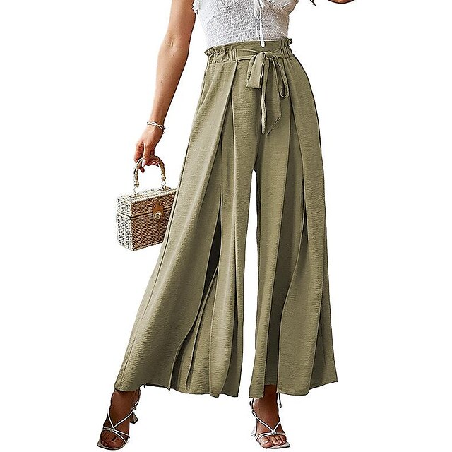  spring  summer  bow loose high waist pleated wide leg pants with belt pants