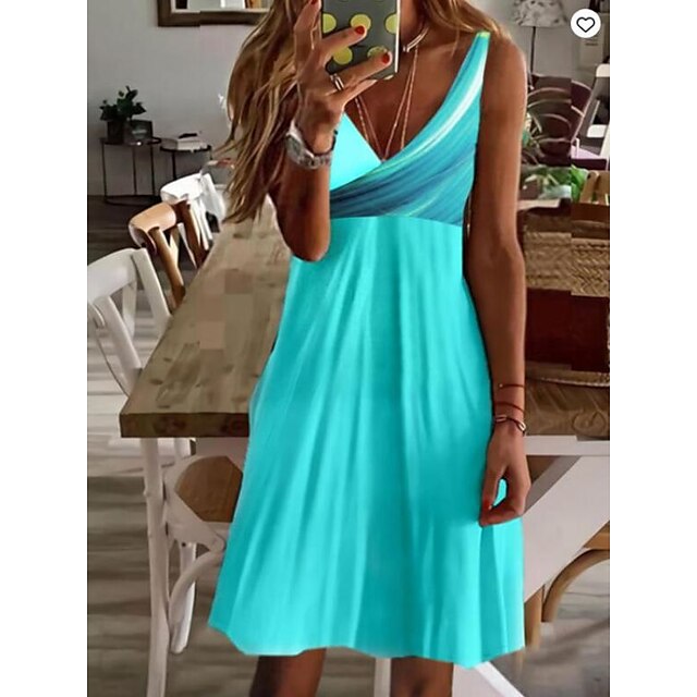  Women's A Line Dress Knee Length Dress Blue Sleeveless Solid Color Ruched Spring Summer V Neck Casual 2022 S M L XL XXL 3XL