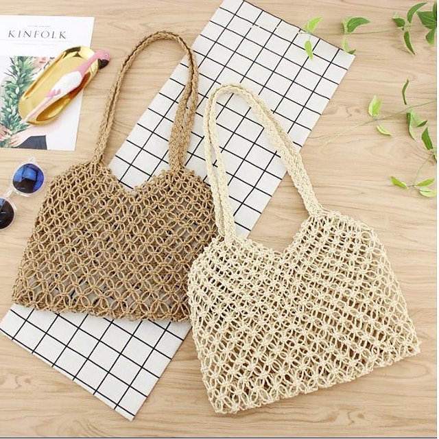  Women's Unisex Straw Bag Beach Bag Straw Tote Pattern Shopping Holiday Going out Light Brown khaki