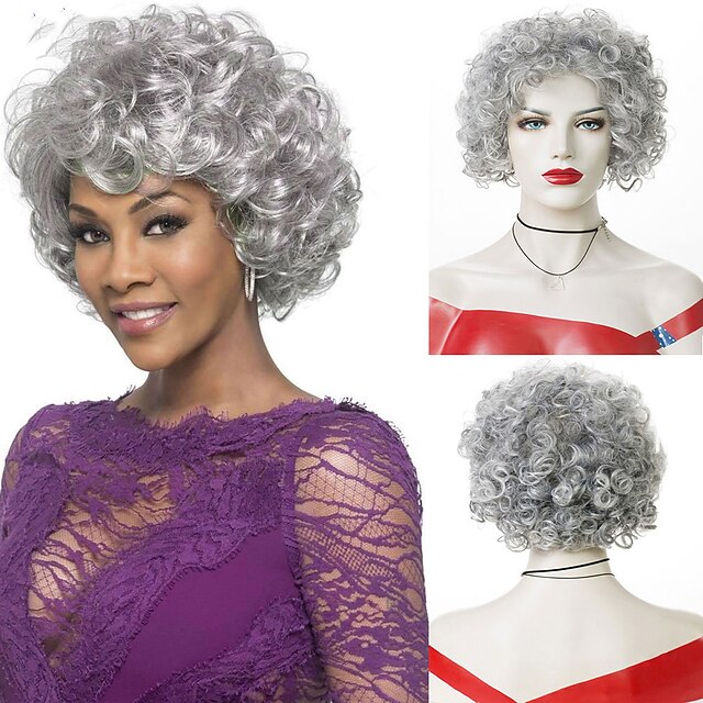 Synthetic Afro Curly Wigs Short Gray Curly Hair Wigs for Women Fluffy ...