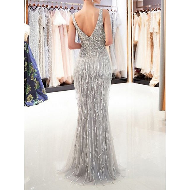 Womens Clothing Womens Dresses | Womens Sheath Dress Maxi long Dress Silver Sleeveless Pure Color Backless Sequins Zipper Summer