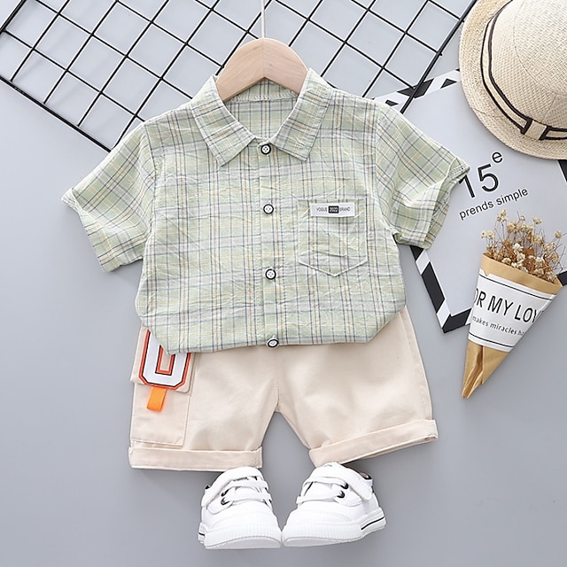 Baby & Kids Boys Clothing | Kids Boys Shirt & Shorts Clothing Set 2 Pieces Short Sleeve Green Blue Yellow Plaid Ruched Print Str