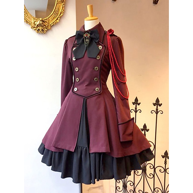  Lolita Söta Lolita semester klänning Prinsessaklänning Dam Japanska Cosplay-kostymer Röd Färgblock Långärmad