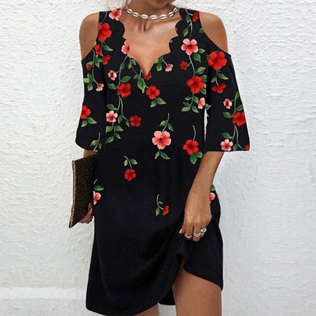 

Women's Shift Dress Knee Length Dress Blue Black 3/4 Length Sleeve Floral Print Spring Summer V Neck Casual 2022 S M L XL XXL 3XL