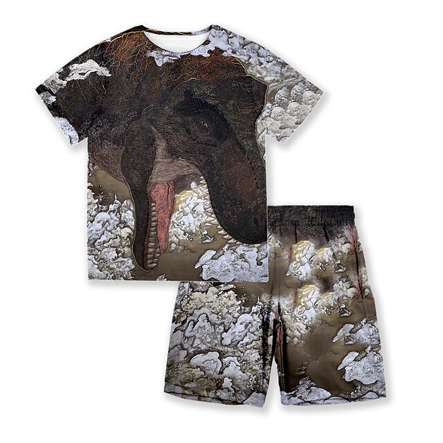 Baby & Kids Boys Clothing | Kids Unisex T-shirt & Shorts 2 Pieces Short Sleeve Black Brown Graphic Dinosaur Loose Print Sports O