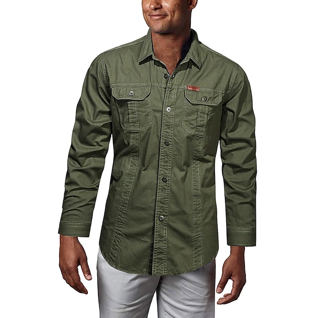  Men's Hiking Shirt / Button Down Shirts Long Sleeve Square Neck Shirt Outdoor Multi-Pockets Breathable Quick Dry Lightweight Summer Cotton Solid Color White Black Army Green Hunting Fishing Climbing