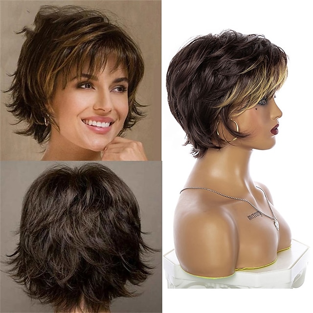 женский парик 2 тона светло-коричневый ломбер короткие многослойные вьющиеся волосы пухлые челки термостойкие 2 цвета в наличии