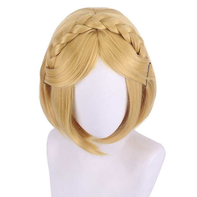  blonde bob paryk legenden om zelda zelda cosplay parykker kvinders bob fletning 14 tommer varmebestandig fiber krøllet flettet blond teenage voksnes anime paryk halloween paryk