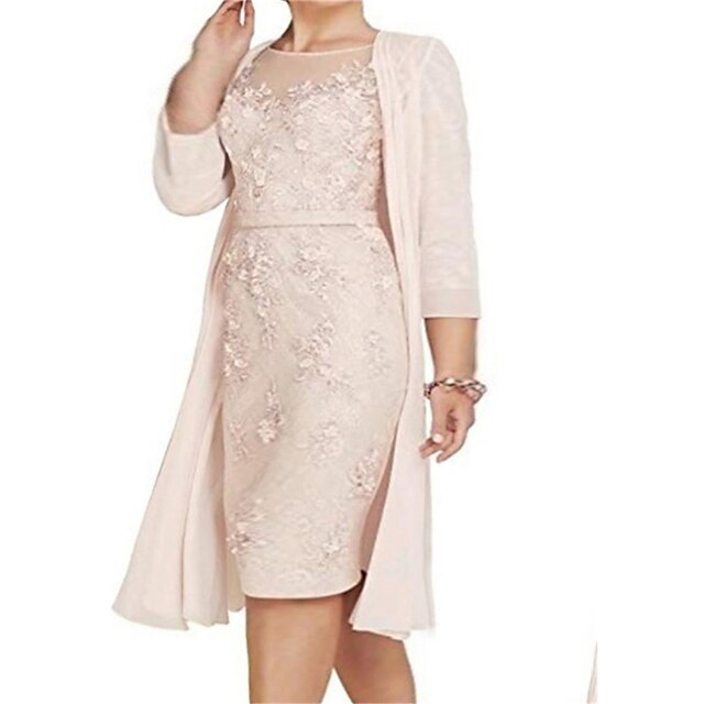 Womens Clothing Plus Size Collection | Womens Plus Size Sheath Dress Solid Color Round Neck Lace 3/4 Length Sleeve Spring Summer