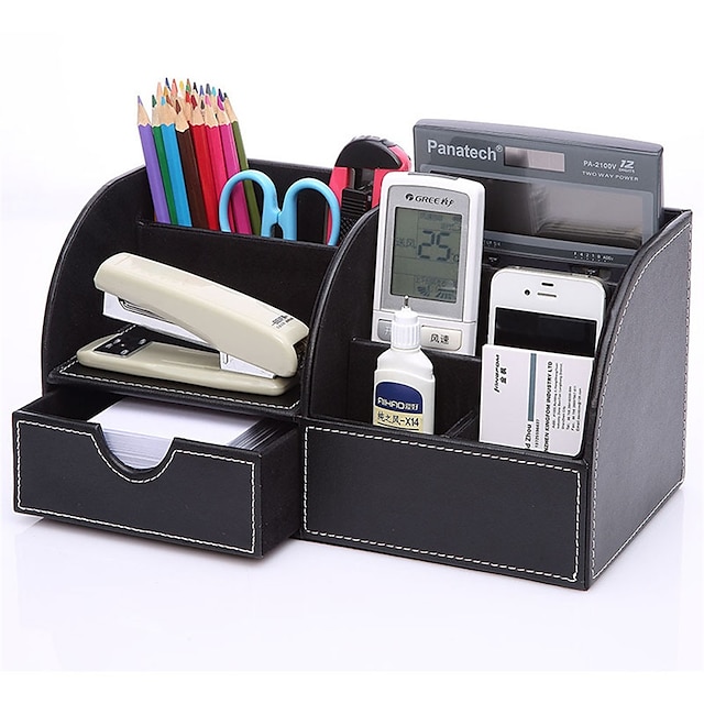 Consumer Electronics Stationery | Pen Holder Cup Multifunction Big Capacity With Drawer PU Leather for Office Men Home - KG12397