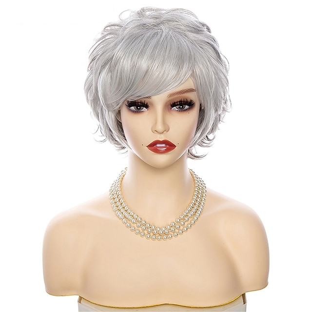 Beauty & Hair Wigs & Hair Pieces | Short Synthetic Natural Light Gray Wig With Bangs For Women High Density Heat Resistant Natur